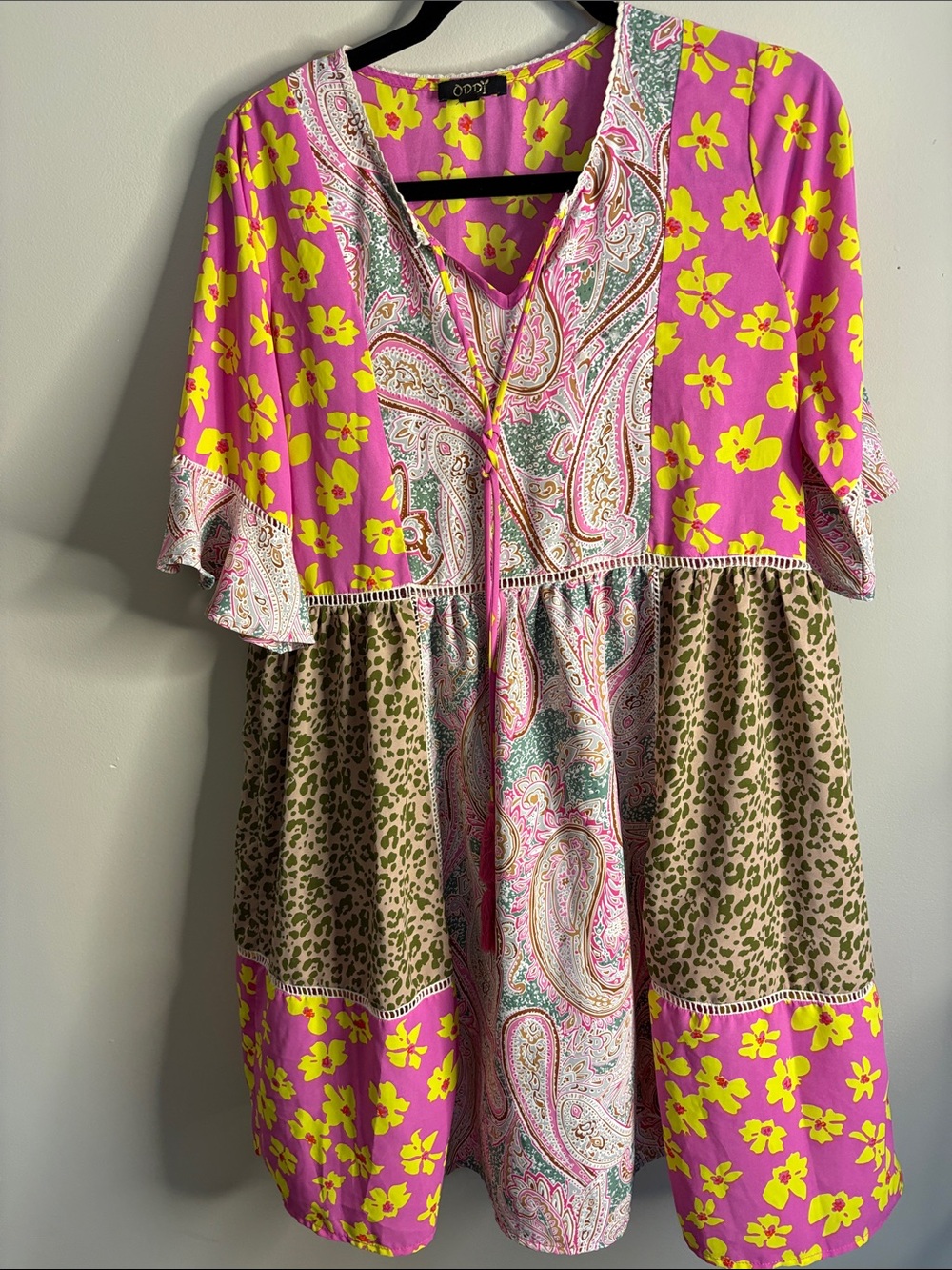 ODDI Boho Floral-Paisley Mini Dress in Pink & Yellow